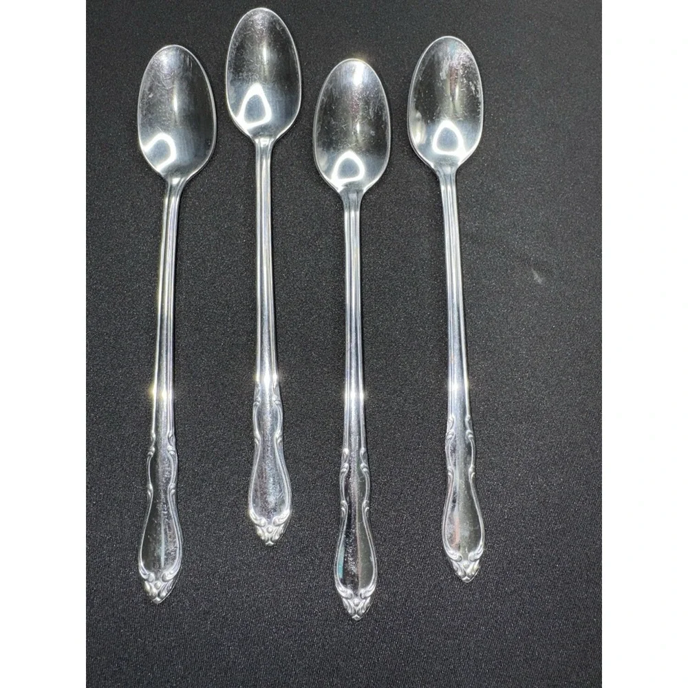 4 Simon L & George H Rogers Co Stainless Oneida Iced Teaspoons Homestead Long